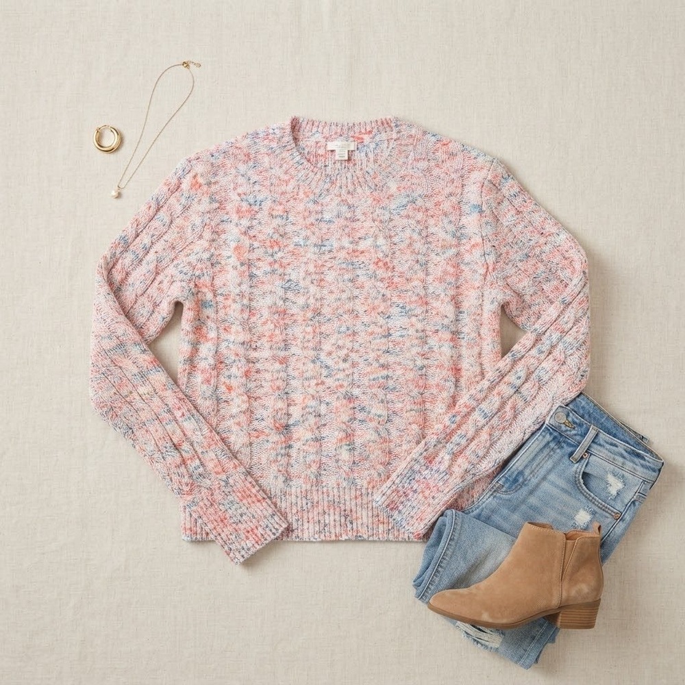 J.Crew Cable Knit Sweater Womens L Pink Blue Space Dye Re-Imagined Preppy